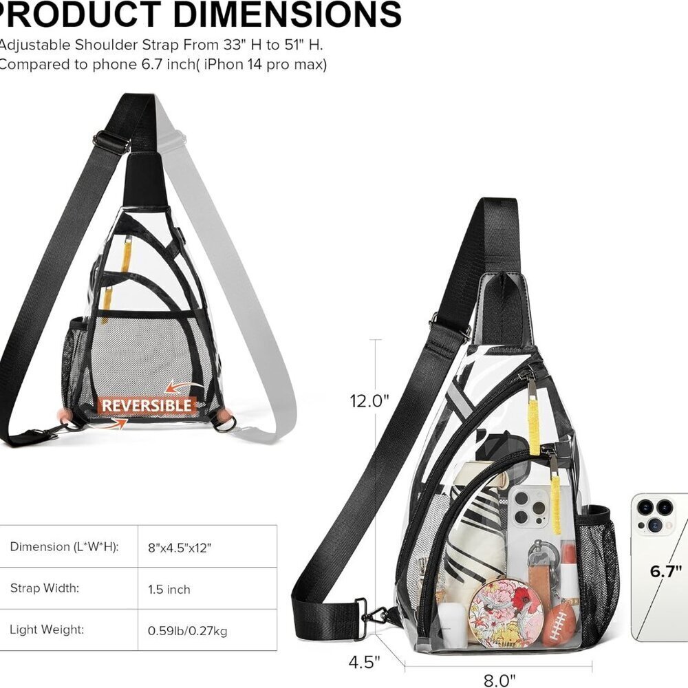 Clear Stadium Bag Unisex TPU Waterproof Crossbody with Adjustable Strap - Picture 5 of 8